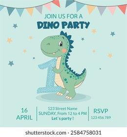 Postcard. Cute dinosaur, dinosaur boy. Birthday invitation. 1 year