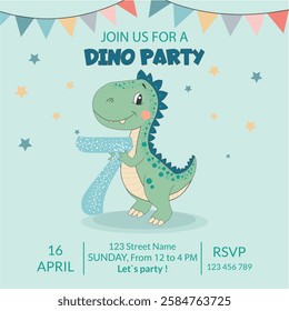 Postcard. Cute dinosaur, dinosaur boy. Birthday invitation. 7 years old, seven