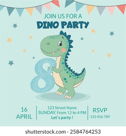 Postcard. Cute dinosaur, dinosaur boy. Birthday invitation. 8 years old, eight