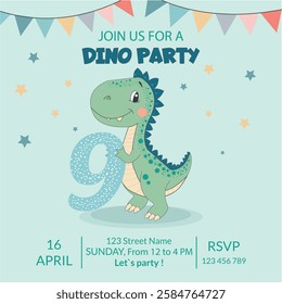 Postcard. Cute dinosaur, dinosaur boy. Birthday invitation. 9 years old, nine