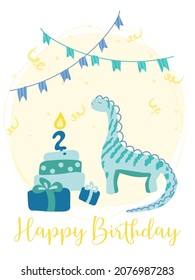 Postcard with cute dinosaur, gifts, cake with a candle, holiday flags, sweets. Happy second birthday. Greeting card template with cute characters. Vector illustration in cartoon style.