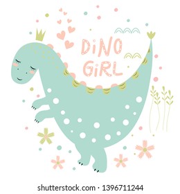 Postcard with cute dinosaur, inscription and hearts on white background. Vector design.