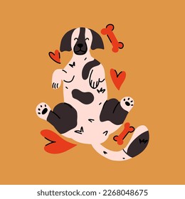 Postal con un perro lindo tendido en la espalda con las patas arriba. Ilustración del vector con estilo dibujado a mano