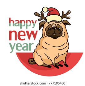 postcard cute dog pug dog in cap santa claus congratulates happy new year