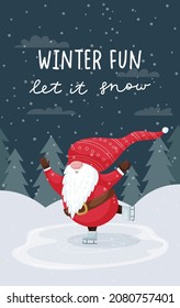 A postcard with a cute dwarf in a red hat. A gnome is skating on a skating rink in a snowy forest. Winter fun, activity. Color vector illustration with flat cartoon character on a dark background