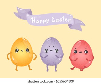 Postcard with cute Easter egg characters and hand-written text