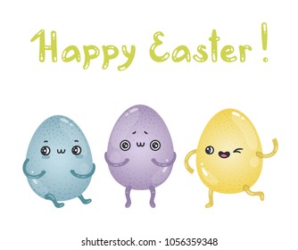 Postcard with cute Easter egg characters and hand-written text