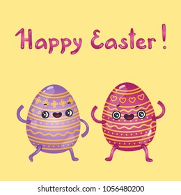 Postcard with cute Easter egg characters and hand-written text
