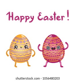 Postcard with cute Easter egg characters and hand-written text
