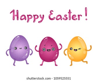 Postcard with cute Easter egg characters and hand-written text