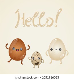Postcard with cute eggs characters and hand-written text