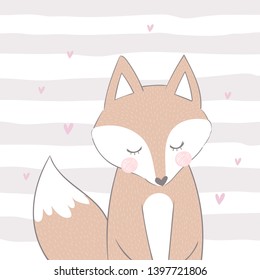 Postcard cute fox on a striped background with hearts.