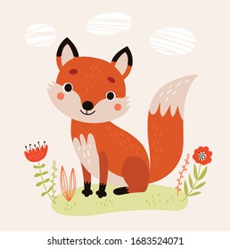 Postcard with a cute Fox. Vector illustration