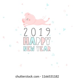 Postcard with cute funny pig - symbol of the year in the Chinese calendar 2019. Piggy cartoon character. Vector illustration.