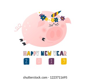 Postcard with cute funny pig unicorn - symbol of the year in the Chinese calendar 2019. Piggy cartoon character. Vector illustration.