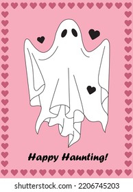 A postcard with a cute ghost in a frame of hearts. Magic, love, halloween. Trendy hand-drawn card or postcard. Holiday concept. Vector illustration.