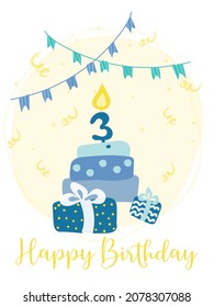 Postcard with cute gifts, cake with candlelight, birthday flags, candy. Happy Birthday. Greeting card template with cute elements. Vector illustration in cartoon style.