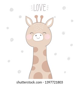 Postcard cute giraffe on a white background with a pattern of dots and the words "love".