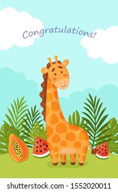 Postcard With Cute Giraffe In The Savanna. Vector Illustration.