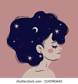 Postal con una linda chica con la luna y estrellas en su cabello. Gráficos vectoriales.