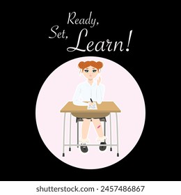 Postcard Cute girl with red hair sitting at a school desk with white lettering on black background. Back to school edition. Flat vector