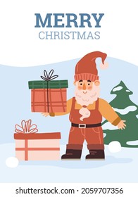 Postcard with cute gnome holding gift in his hand against background of Christmas tree in flat vector illustration. Elf with beard in hat next to boxes of gifts wishes merry christmas