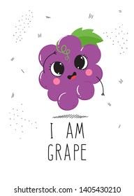 Postcard cute grape on a white background with the inscription: I am grape
