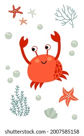 Postcard with cute hand drawn crab, starfish and seaweeds. White background, isolate. Vector illustration.