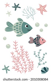Postcard with cute hand drawn fish. White background, isolate. Vector illustration.