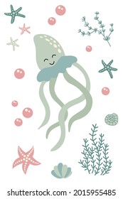Postcard with cute hand drawn jellyfish. White background, isolate. Vector illustration.