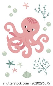 Postal con pulpo dibujado a mano lindo. Fondo blanco, aislado. Ilustración vectorial.