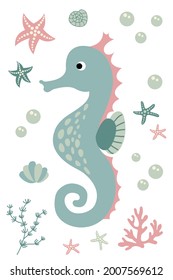 Postcard with cute hand drawn seahorse. White background, isolate. Vector illustration.