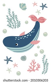 Postcard with cute hand drawn whale. White background, isolate. Vector illustration.