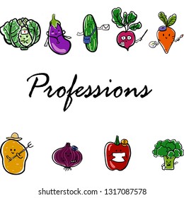 Postcard with cute hand-drawn vegetable in different proffesions EPS 10