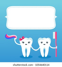 Postcard with cute happy smiling teeth. Flat vector cartoon character illustration. Care of teeth. Dental concept for children dentistry. Prevention of diseases of oral cavity.