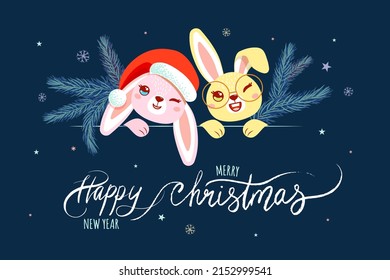 Postcard with cute hares in a red hat with a pompom and glasses. Lettering - Happy New Year, Merry Christmas.