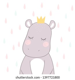Postcard cute hippo in the crown on a white background with a pattern of drops.