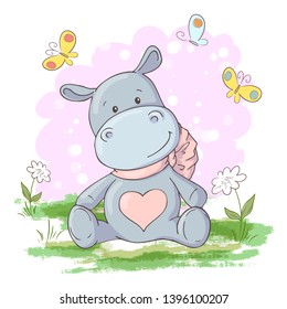 Postcard cute, Hippo, flowers and butterflies Cartoon style. Vector