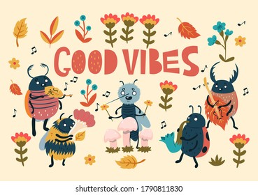 Postcard with cute insects and an inscription good vibes. Vector graphics.