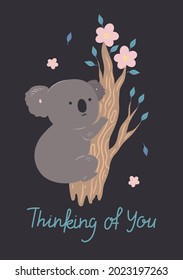 Postcard with a cute koala on a branch. Vector graphics.