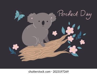 Postcard with a cute koala on a branch. Vector graphics.