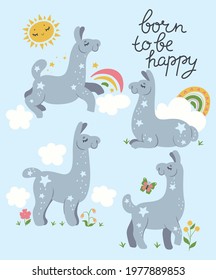 Postcard with cute lamas and the inscription born to be happy. Vector graphics.