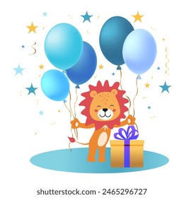 A postcard with a cute lion cub and balloons. Happy Birthday
