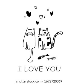 Postcard cute march cats. I love you. Valentine's Day. Great for postcards, stickers, fabric and textile. White isolated background.