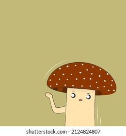Postcard with a cute mushroom on a green background. Background, template for text, congratulations. Hand drawn children's illustration. Vector illustration.	
