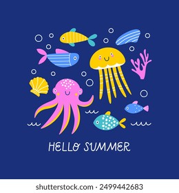 Postcard with cute octopus, jellyfish, different fish and seaweed. Hand lettering "Under the sea". Vector illustration