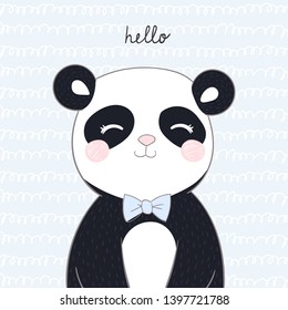 Postcard cute panda boy with the words "hello" on a blue background.
