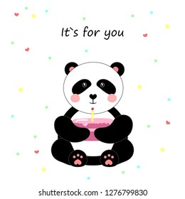 postcard cute Panda with cake and inscription