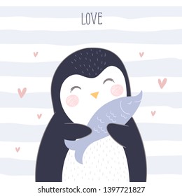 Postcard cute penguin hugs a fish on a striped background with hearts.