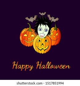 Postcard of cute pumpkins with witch and bats.  Cute characters vector.